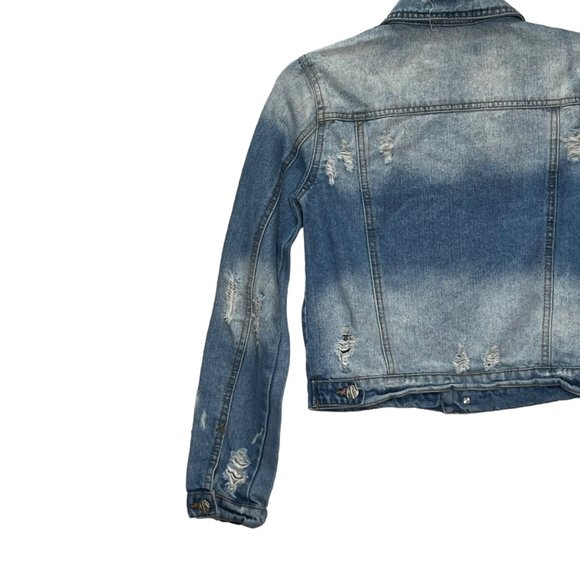 Crave Fame Crop Denim Jacket Womens XS Blue Medium Wash Long Sleeve Distressed B - Picture 8 of 11